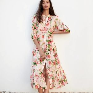 Zara Floral Print Ruffle Tiered Button Up Dress Size Small